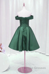 Dark Green Satin Off Shoulder Knee Length Party Dress, Green Homecoming Dress Evening Prom Dress