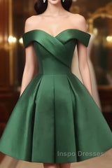 Dark Green Satin Off Shoulder Knee Length Party Dress, Green Homecoming Dress Evening Prom Dress