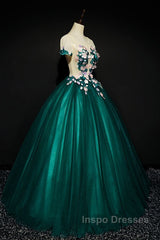 Dark Green Tulle Round Neckline Ball Gown Formal Dress, Quinceanera Dress
