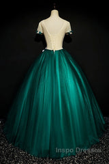 Dark Green Tulle Round Neckline Ball Gown Formal Dress, Quinceanera Dress
