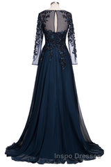 Dark Navy Long A-line Jewel Tulle Formal Evening Prom Dress with Sleeves