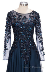 Dark Navy Long A-line Jewel Tulle Formal Evening Prom Dress with Sleeves