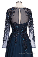 Dark Navy Long A-line Jewel Tulle Formal Evening Prom Dress with Sleeves