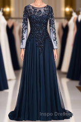 Dark Navy Long A-line Jewel Tulle Formal Evening Prom Dress with Sleeves