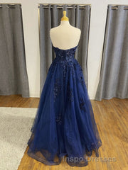 Dark Navy Long A-line Tulle Lace Backless Formal Evening Prom Dress