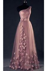 Dark Pink One Shoulder Flowers Tulle Bridesmaid Dress, A-Line Pink Evening Prom Dress
