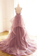 Dark Pink V-Neck Tulle Lace Evening Prom Dress,Spaghetti Strap Evening Prom Dress,Ruffle A Line Formal Dress