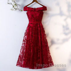 Dark Red Lace Off Shoulder Short Party Dress Formal Dress, Wine Red Homecoming Dress