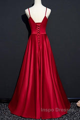Dark Red Straps Beaded Sweetheart Satin Long Party Dress, Wine Red Evening Prom Dress