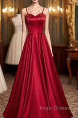 Dark Red Straps Beaded Sweetheart Satin Long Party Dress, Wine Red Evening Prom Dress