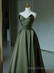A-Line V Neck Satin Green Long Evening Prom Dress, Green Long Formal Dress