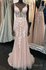 Deep V Neck Backless Pink Lace Long Evening Prom Dress, Long Pink Lace Formal Graduation Evening Dress