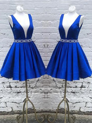 Deep V Neck Royal Blue Short Satin Prom Dresses, Royal Blue V Neck Short Formal Homecoming Dresses