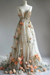 Deep V Neck Wedding Dress 3D Flowers Appliques Tulle A-Line Evening Prom Gowns
