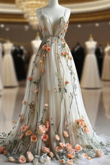Deep V Neck Wedding Dress 3D Flowers Appliques Tulle A-Line Evening Prom Gowns