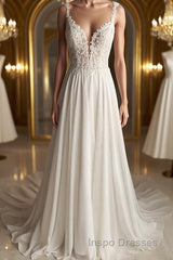 Deep V Neck White Lace Long Evening Prom Dress, Long White Formal Dress, White Lace Evening Dress, White Bridesmaid Dress