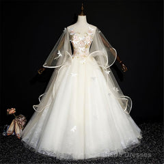 Soft Yellow Quinceanera Dress, Fashion Puffy Prom Dress, Illusion Sleeves Bridal Gown Corset Wedding Gown Butterfly Appliques Bridal Dress