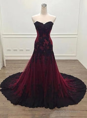 Black And Red Sweetheart Tulle With Lace Glam Evening Gown Party Dress, Long Formal Dress