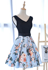 Cute V-Neck Floral Evening Prom Dress, A-Line Homecoming Dress