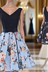 Cute V-Neck Floral Evening Prom Dress, A-Line Homecoming Dress