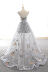 Gray Long Evening Prom Dress with Butterfly, New Arrival Unique Evening Prom Dress
