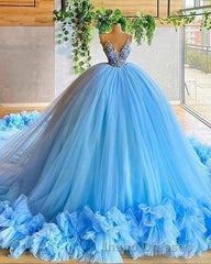 spaghetti straps beading bodice tulle ball gown Evening Prom dress with handmade flowers