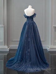 A-Line Off Shoulder Tulle Lace Dark Blue Long Evening Prom Dress, Dark Blue Long Evening Prom Dress