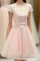 Pink Lace Tulle Short Evening Prom Dress, Pink Evening Prom Dress