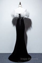 Black Velvet Mermaid Evening Prom Dress with Feather, Off the Shoulder Long Evening Prom Gown
