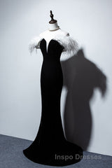 Black Velvet Mermaid Evening Prom Dress with Feather, Off the Shoulder Long Evening Prom Gown