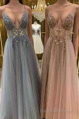 Elegant A line tulle lace long Evening Prom Dress, tulle formal Dress