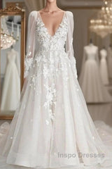 Elegant A-Line V-Neck Long Sleeved Ivory Sheer And Floor Length Wedding Dress