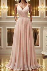 Elegant A Line V Neck Pink Long Evening Prom Dress, Pink Formal Graduation Evening Dress