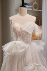 Elegant And Noble Ivory Sleeveless Off Shoulder Beaded Bow Evening Dress Ivory Thin Shoulder Strap Off Back Strap Evening Prom Dress
