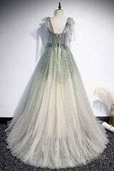 Elegant And Sweet Sage Green Sleeveless Off Shoulder Beads With Sparkling Sheer Sequins Evening Prom Dress Sage Green A-Line Princess Shoulder Off Back Sweeping Train Ruffle Edge Evening Dress