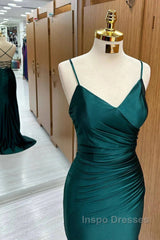 Elegant Dark Green Mermaid Spaghetti Strap Satin Long Evening Prom Dress