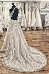 Elegant Long A-line Halter Backless Appliques Lace Tulle Ruffles Train Wedding Dress