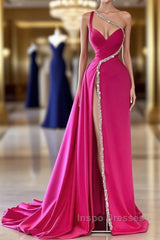 Elegant Long A-line One Shoulder Sweetheart Sleeveless Satin Evening Prom Dress With Slit