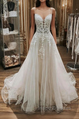 Elegant Long A-line V Neck Spaghetti Straps Lace Tulle Wedding Dress