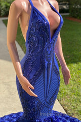Elegant Long Mermaid Halter Satin Lace Backless Evening Prom Dress