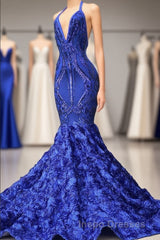 Elegant Long Mermaid Halter Satin Lace Backless Evening Prom Dress