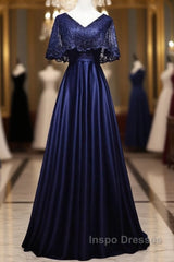 Elegant Navy Blue Short Sleeved Beaded Cape With Satin Lace Navy Blue V-Neck Backless And Ground Length Evening Dress