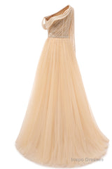 Elegant One Shoulder Beige Prom Dresses Sheer Beading Lace Formal Dresses