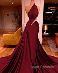 Elegant One Shoulder Mermaid Evening Prom Dress Long Pleated with Beads
