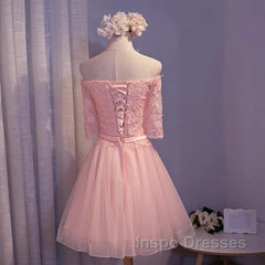 Elegant Pink Lace Appliques Off The Shoulder Tulle Bridesmaid Dress Short