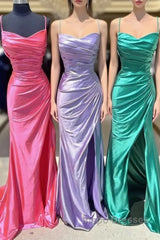 Elegant Satin Mermaid Evening Prom Dress  With Pleated Bodice, Spaghetti Strap & Slit Fd5090