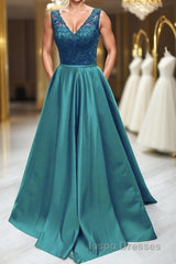 Elegant V Neck Green Lace Long Evening Prom Dress, Green Lace Formal Graduation Evening Dress