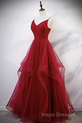 Elegant V Neck Open Back Sequins Burgundy Long Evening Prom Dress, Shiny Burgundy Formal Dress, Fluffy Burgundy Evening Dress