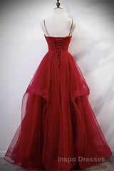 Elegant V Neck Open Back Sequins Burgundy Long Evening Prom Dress, Shiny Burgundy Formal Dress, Fluffy Burgundy Evening Dress