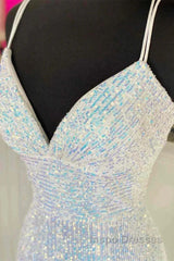 Empire Mermaid White Sequin V-Neck Evening Prom Dress
